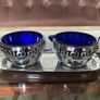 Vintage Silver Chromed Metal Cobalt Blue Glass Sugar and Creamer Set Serving Tray Image 6