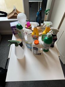 Various cleaning items and shirt hangers