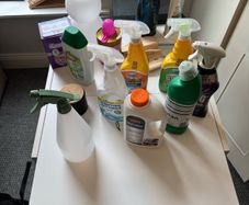 Various cleaning items and shirt hangers
