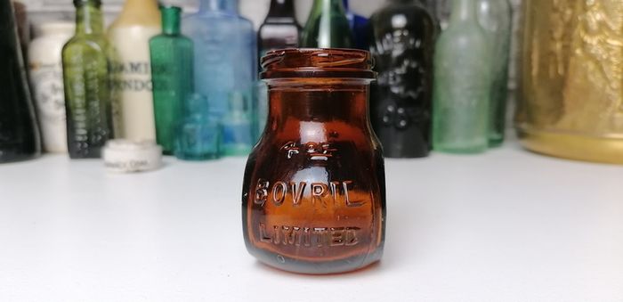 61 - Beautiful Vintage 4oz Bovril Dark Brown Glass Embossed Letters Jar