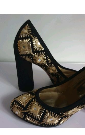 Le Babe Mirror 5019 Black Gold Embroidered Block Heel Court Shoes EU36 BNIB CAN POST