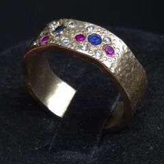 Vintage 9ct Gold Sapphire Ruby Diamond Textured Ring Size 54