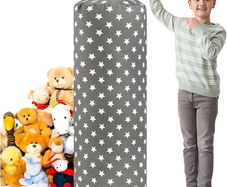 Stuffed Animal Storage Bean Bag Cover for Kids Plush Toys Organizer Bags for Boys and Girls A Full-length Zipper Cylinder Room Furniture Decor - Organize, Sit, Play & Box (Grey Stars)