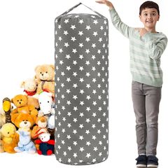 Stuffed Animal Storage Bean Bag Cover for Kids Plush Toys Organizer Bags for Boys and Girls A Full-length Zipper Cylinder Room Furniture Decor - Organize, Sit, Play & Box (Grey Stars)