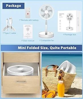 Portable Foldable Standing Fan - 8.6" 8000mAh Rechargeable Oscillating | 4-speed 22dB Silent Fan with Remote. USB Telescopic 3.5" Collapsible Design for Bedroom, Travel, Cruise & Camping.