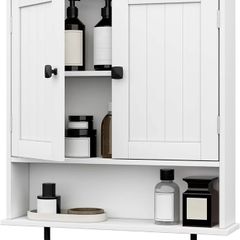 Bathroom Wall Cabinets with Towels Bar,Storage Cabinet, Over The Toilet Storage with 2 Doors and Adjustable Shelf, Wall Cabinet for Bathroom Laundry Kitchen (White)