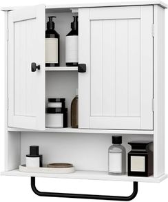 Bathroom Wall Cabinets with Towels Bar,Storage Cabinet, Over The Toilet Storage with 2 Doors and Adjustable Shelf, Wall Cabinet for Bathroom Laundry Kitchen (White)