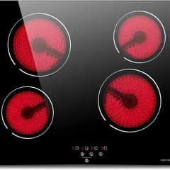 Ceramic Hob, Built-in 4 Zone Electric Hobs 60cm Noise-free Auto Shut-off Safe Lock Heat Indicator Black Glass Panel Cooktop with Touch Controls