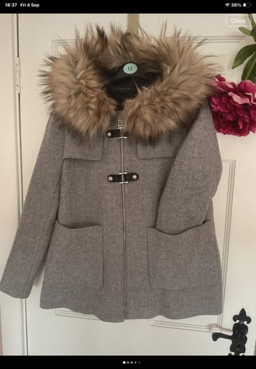 jacket Zara grey wool hooded jacket with fur medium