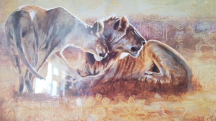 2 Piece Vanessa Jayne Large Wooden And Glass Framed Prints - Lion Family And Zebra Family
