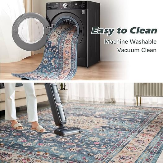 Washable Rugs Living Room Boho Rug for Bedroom Anti Slip Rugs Classic Large Rugs for Living Room Vintage Area Rugs Soft Short Pile Rug Washable Rugs Vintage 80x150CM Blue