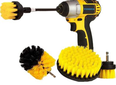 Drill Brush Cleaning Brushes Set, 4 Pack Extended Long Attachment Power Scrubber Brushes for Cleaning, Great for Car Carpet Floor Bathroom Toilet Kitchen Ceramic Surface Yellow