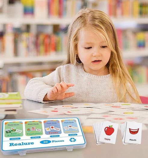 80Pcs/Box Preschool Educational Flash Cards, Toddler Learning Flash Cards Double Sided, Include Fruits Vegetables Body Parts Animal Flash Cards for Kids, Toddlers