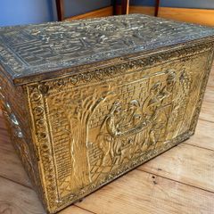 Premium Full-Embossed Brass Fireside Log Box / Turf Storage Chest (Tavern Scene)