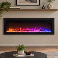 36-Inch Media Wall Electric Fireplace with 1.8kW Heater, 9 Flame Colours, Logs & Crystals, Remote Control, Wall-Mounted, Recessed or Freestanding