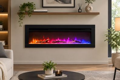 36-Inch Media Wall Electric Fireplace with 1.8kW Heater, 9 Flame Colours, Logs & Crystals, Remote Control, Wall-Mounted, Recessed or Freestanding