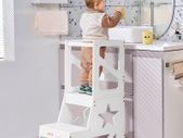 Toddler Step Stool for Kids, Natural Pine Wood Toddler Kitchen Stool Helper with Safety Rail, 150LBS Loading Capacity Standing Tower Learning Stool for Bedroom Bathroom Kitchen Counter, White