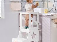 main image for ad Toddler Step Stool for Kids, Natural Pine Wood Toddler Kitchen Stool Helper with Safety Rail, 150LBS Loading Capacity Standing Tower Learning Stool for Bedroom Bathroom Kitchen Counter, White
