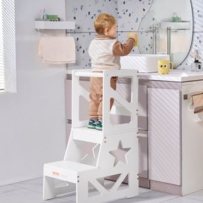 Toddler Step Stool for Kids, Natural Pine Wood Toddler Kitchen Stool Helper with Safety Rail, 150LBS Loading Capacity Standing Tower Learning Stool for Bedroom Bathroom Kitchen Counter, White