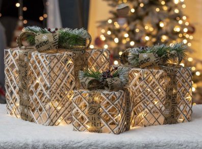 Set of 3 Light-Up Christmas Boxes/Indoor Christmas Decorations / 45 Warm White LED Lights (FREE POSTAGE)