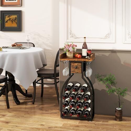 Wine Rack Freestanding Floor,Wine Storage 15 Bottles Bottle Rack with Glass Holders, Mini Bar Wine Cabinet with Storage Drawer for Home Bar Kitchen Dining Room,Rustic Brown,