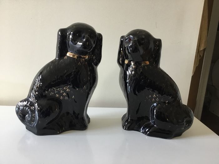 Antique Sadler  black Mantle dogs with glass eyes