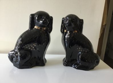 Antique Sadler  black Mantle dogs with glass eyes