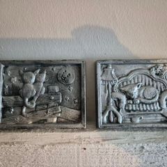 Pair of Vintage Pewter-Style Cat Wall Plaques (Cozy Retro / Kitsch)