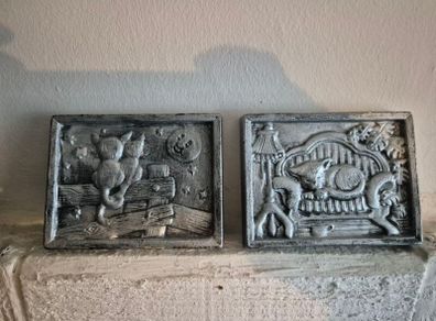 Pair of Vintage Pewter-Style Cat Wall Plaques (Cozy Retro / Kitsch)