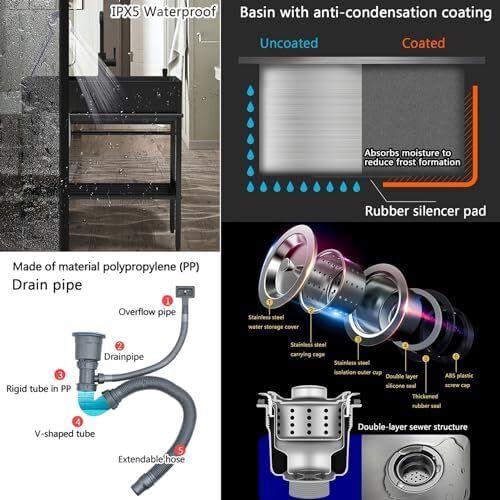 Stainless Steel Washing Sink Hand Wash Sink Commercial Kitchen with Tap for Shop Kitchen Garage Garden 80cm Black
