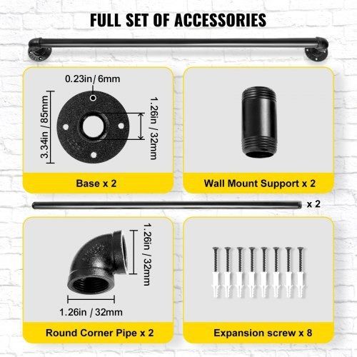 Pipe Stair Handrail, 3FT Staircase Handrail, 440LBS Load Capacity Carbon Steel Pipe Handrail, Industrial Pipe Handrail with Wall Mount Support, Round Corner Wall Handrailings for Indoor, Outdoor (FREE SHIPPING)