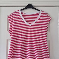Dunnes Pink and White Striped V-Neck T-Shirt