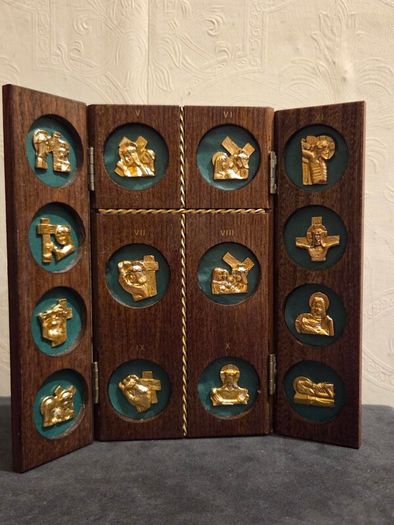 Vintage Wooden Stations of the Cross Triptych