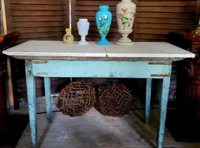 19th century painted pine table with marble top