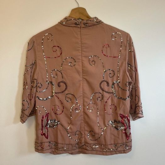 Folkster blush pink / cream sequin embellished and beaded high neck top