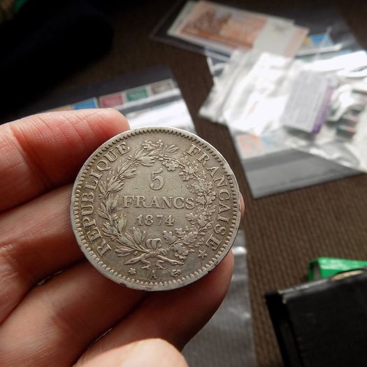 France 1874 A. Silver 5 francs."Hercules"Type.90%silver.