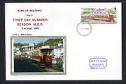 1993 Isle of Man Cover showing Year of Railways No 5 First Day Summer Season MER Special Handstamp MER Issue tying 20p No 1 Motor Car and No. 13 Trailer at Groudle Glen Hotel commemorative stamp