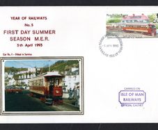 1993 Isle of Man Cover showing Year of Railways No 5 First Day Summer Season MER Special Handstamp MER Issue tying 20p No 1 Motor Car and No. 13 Trailer at Groudle Glen Hotel commemorative stamp