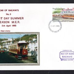 1993 Isle of Man Cover showing Year of Railways No 5 First Day Summer Season MER Special Handstamp MER Issue tying 20p No 1 Motor Car and No. 13 Trailer at Groudle Glen Hotel commemorative stamp