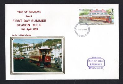 1993 Isle of Man Cover showing Year of Railways No 5 First Day Summer Season MER Special Handstamp MER Issue tying 20p No 1 Motor Car and No. 13 Trailer at Groudle Glen Hotel commemorative stamp