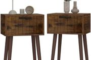 Fluted Nightstand Set of 2, Small End Table, Modern Coffee Table with Drawer, Solid Wood Legs, Retaining Chain, 35x27x53cm, for Bedroom and Small Spaces, Rustic Brown