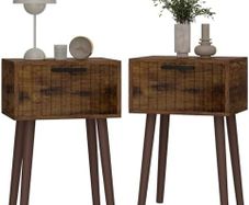 Fluted Nightstand Set of 2, Small End Table, Modern Coffee Table with Drawer, Solid Wood Legs, Retaining Chain, 35x27x53cm, for Bedroom and Small Spaces, Rustic Brown