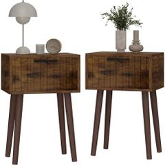 Fluted Nightstand Set of 2, Small End Table, Modern Coffee Table with Drawer, Solid Wood Legs, Retaining Chain, 35x27x53cm, for Bedroom and Small Spaces, Rustic Brown
