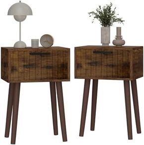 Fluted Nightstand Set of 2, Small End Table, Modern Coffee Table with Drawer, Solid Wood Legs, Retaining Chain, 35x27x53cm, for Bedroom and Small Spaces, Rustic Brown