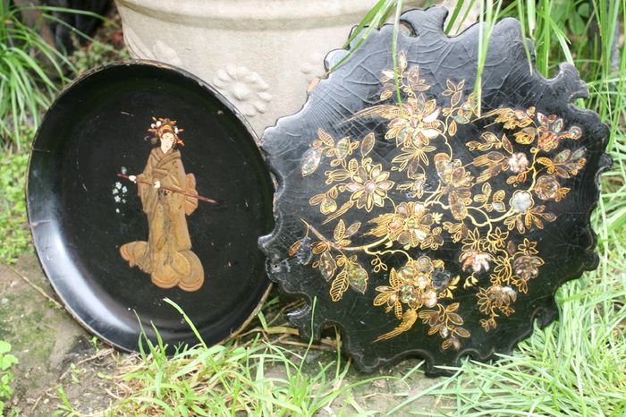 19th Century English Chinoiserie Papier Mache Wine Coaster Tray and Mid 19th Century English Victorian Period Papier Mache Tray with Mother-of-Pearl
