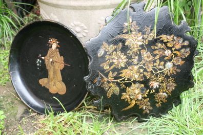 19th Century English Chinoiserie Papier Mache Wine Coaster Tray and Mid 19th Century English Victorian Period Papier Mache Tray with Mother-of-Pearl