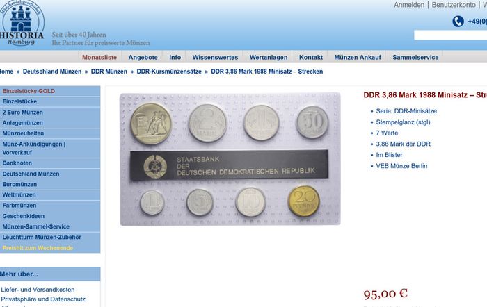 Rare East Germany DDR 1988 UNC Mint Coins set & Struck medal