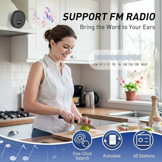 Shower Radio Speaker with Bluetooth 5.0, AGPTEK Waterproof Wireless Bathroom FM with Suction Cup 12H Long Playback Time, Lanyard, LCD Screen Display, Handsfree Calling, Storage Card Playback Black