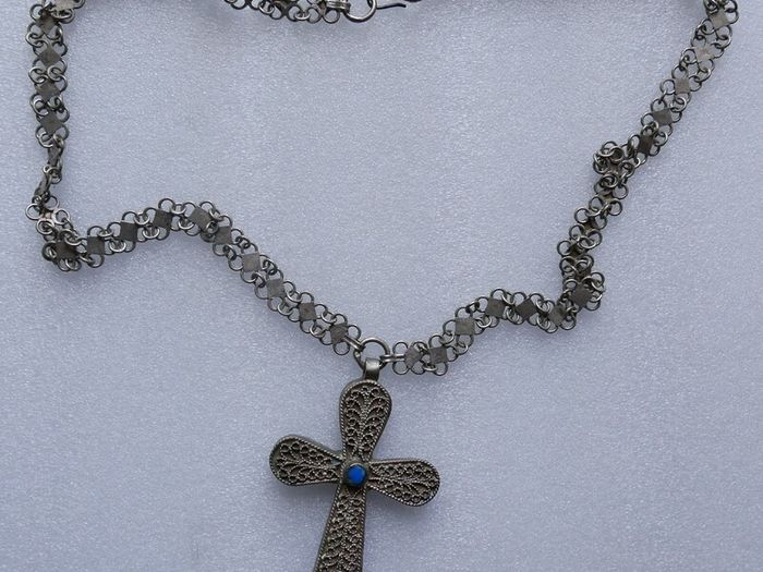 Vintage Turquoise  Large 4" Cross Pendant and unusual Chain length 34"