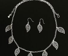 Premium .950 Solid Silver Delicate Filigree Leaf Necklace & Earring Set